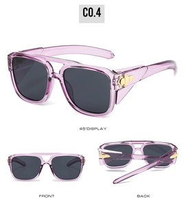 Three-view display of square retro sunglasses with pink resin frames and gold metal accents