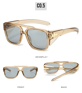 Three views of champagne square sunglasses with gold metal temples and gray lenses
