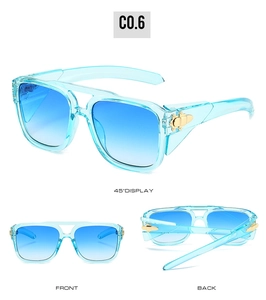 Multi-angle views of square aviator sunglasses with gradient blue lenses and gold hinges