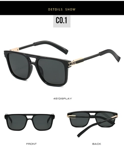 Vues détaillées de lunettes aviateur carrées avec accents métalliques dorés et double pont