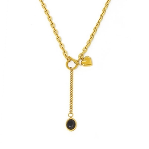 Collana a Y dorata con chiusura a levetta OT, pendente a cuore e pietra preziosa nera