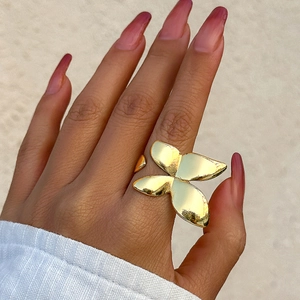 Adjustable golden butterfly ring with polished geometric wings on a hand model