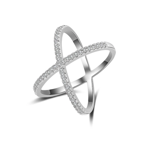 Silver X-shaped crossover ring with turquoise and pave-set rhinestones in bohemian style