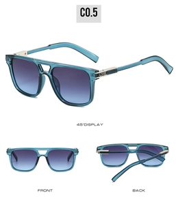 Détail de lunettes aviateur à verres dégradés bleus et charnières métalliques évidées