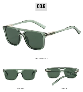 Vues sous trois angles de lunettes aviateur carrées vert olive avec détails métalliques