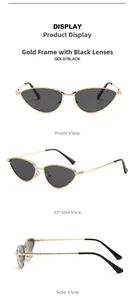 Trois vues de lunettes de soleil œil-de-chat avec monture en métal doré et verres