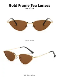 Détail de lunettes de soleil œil de chat dorées avec des verres marron chic