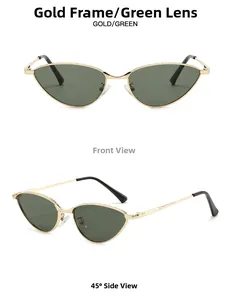 Vues de face et de profil à 45 degrés de lunettes œil de chat dorées aux verres verts