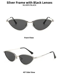 Vue détaillée de lunettes de soleil œil de chat avec monture en métal argenté et verres gris