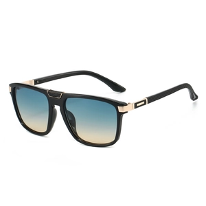 Fashionable oversized sunglasses with black frames and blue-yellow gradient lenses for UV400