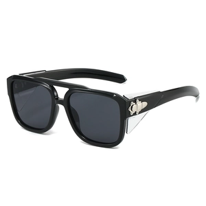 Black square sunglasses with double bridge and side shields in 45-degree angle view