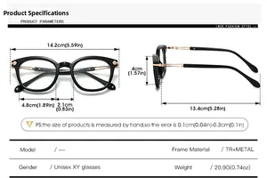 Size chart showing TR and metal round frame glasses dimensions and weight specifications