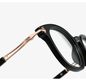 Detail of black frame eyewear showing dual-line hollow rose gold metal hinge design