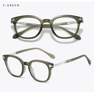 Detail view of transparent olive green Boston frames with silver metal temples