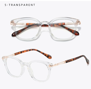 Detail of transparent round eyeglass frames with leopard print temples and gold accents