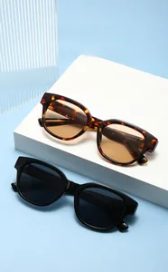 Close-up of black and tortoiseshell polygon sunglasses on a minimalist geometric display