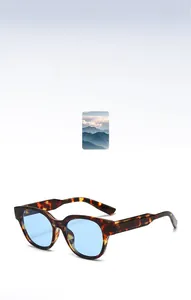 Detail of tortoiseshell frame sunglasses with light blue lenses and wide temple design