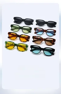 Detailed flat lay of vintage polygon sunglasses in various frame colors and tinted lenses