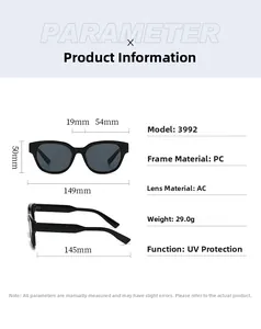 Detailed parameter chart showing dimensions and PC frame specs of polygon sunglasses