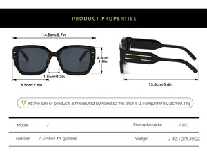 Size chart showing dimensions of cat eye sunglasses with PC frame and weight details