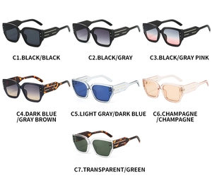 Detailed macro view of retro cat eye sunglasses showing 7 colors with gold temple stripes