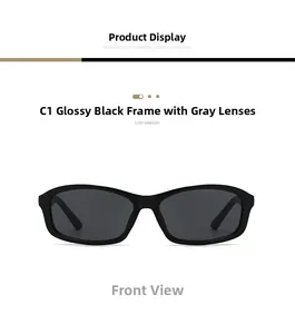 Front view of square polished black frame sunglasses with solid grey lenses for sun protection