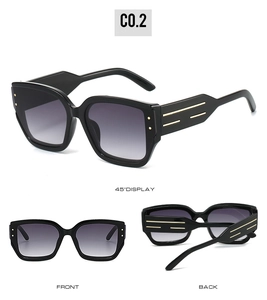 Detailed multi-angle views of black cat-eye sunglasses with gradient purple lenses