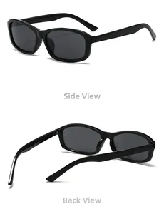 Detailed views showing the temple specifications and frame of square black sunglasses
