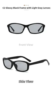 Front and side views of C2 glossy black rectangular sunglasses with light grey lenses