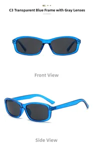 Detail of square transparent blue frame sunglasses with grey lenses in dual views