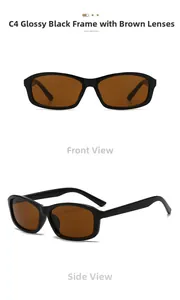 Detail view of square sunglasses with glossy black frames and tinted brown lenses