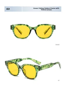 Front and side view of retro polygon sunglasses with green tortoiseshell frames and yellow lenses