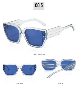 Three-way view of cat-eye sunglasses with transparent frames and gold stripe details