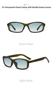 Detail view of transparent olive green square sunglasses with C5 dual green gradient lenses