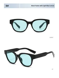Macro detail of black frame sunglasses with light blue lenses showing front and side views