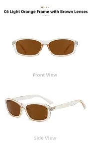 Detail view of rectangular sunglasses in light orange frame with tea lenses