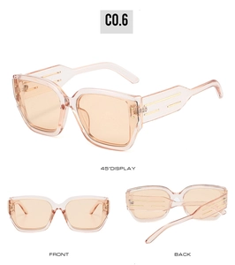 Detailed views of pink square cat eye sunglasses with golden accents and peach lenses