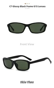 Front and side view of C7 glossy black rectangular sunglasses with G15 dark green lenses