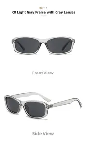 Detail view of transparent grey square sunglasses with dark lenses and temple markings