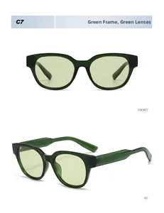 Detail view of green polygon sunglasses with green lenses from front and 45-degree angles