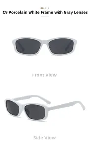 Detailed views of C9 porcelain white rectangular sunglasses with full gray lenses
