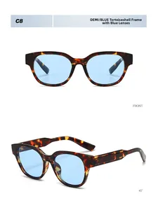 Detail view of tortoiseshell polygon sunglasses with light blue lenses and thick frame