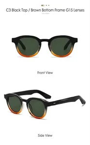 Detail view of retro oval sunglasses featuring black and tea frames with metal rivets