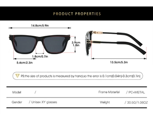 Specifiche dettagliate delle dimensioni per occhiali da sole rétro unisex in PC e metallo