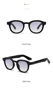 Front and side view of black oval sunglasses with classic rivets and grey lenses