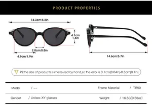 Diagrama detallado con especificaciones de tamaño y material TR90 para gafas de sol