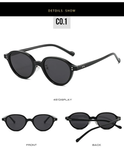 Multiple views of black oval polarized sunglasses showing front and back frame details