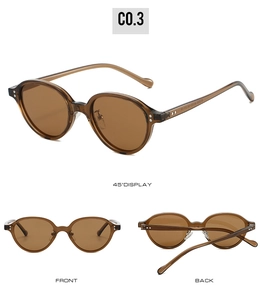 Three-view display of vintage oval sunglasses in transparent brown frame and lenses