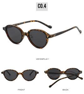 Detailed views of tortoise shell oval sunglasses showing front, back, and 45-degree angle