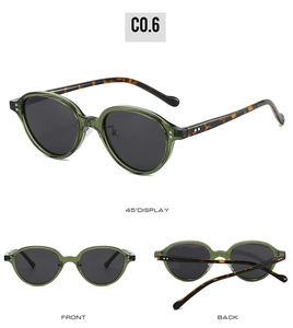 Retro oval sunglasses with olive green frames and tortoiseshell temples shown in multiple views